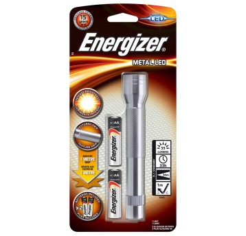 Latarka ENERGIZER Metal + 2szt. baterii AA, srebr